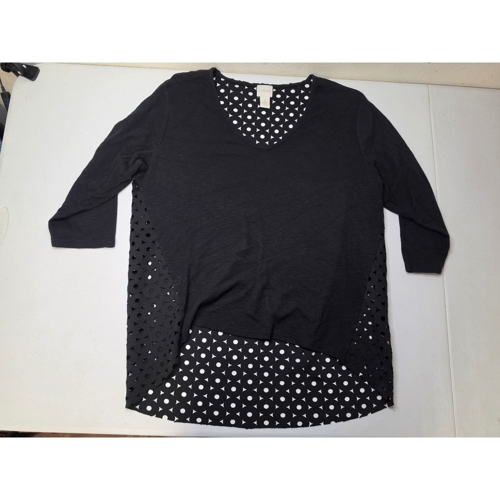 Chicos Black V-Neck Tunic Top 3/4 Sleeve Laser Cut Eyelet Back Size 2 Large